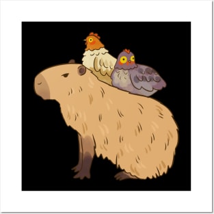 Adorable capybara with chicken friends illustration Posters and Art